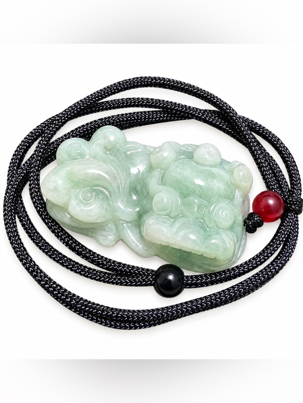 Natural Light Green Jade Pixiu Pendant Necklace with Black Cord